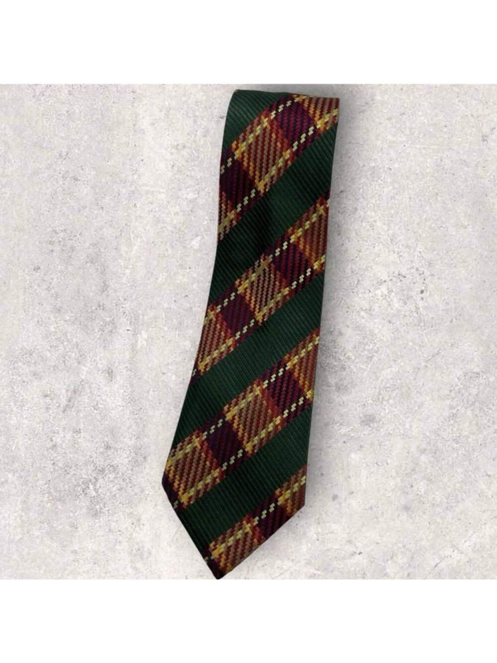 AQUASCUTUM Silk Tie ITALY Green Burgundy Yellow Tartan W:3.7" EUC
